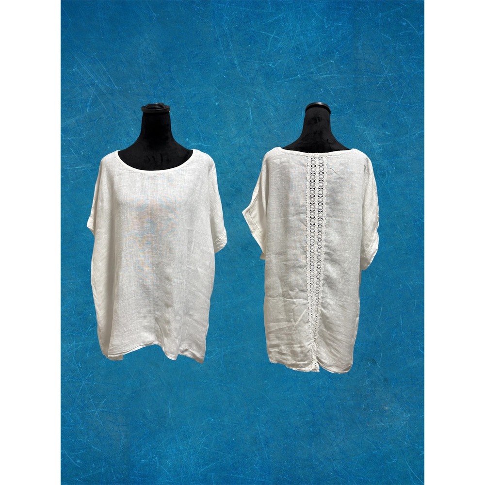 Terzo Millennio Linen Tunic Women 1X‎ White Crochet Lace Back Italy